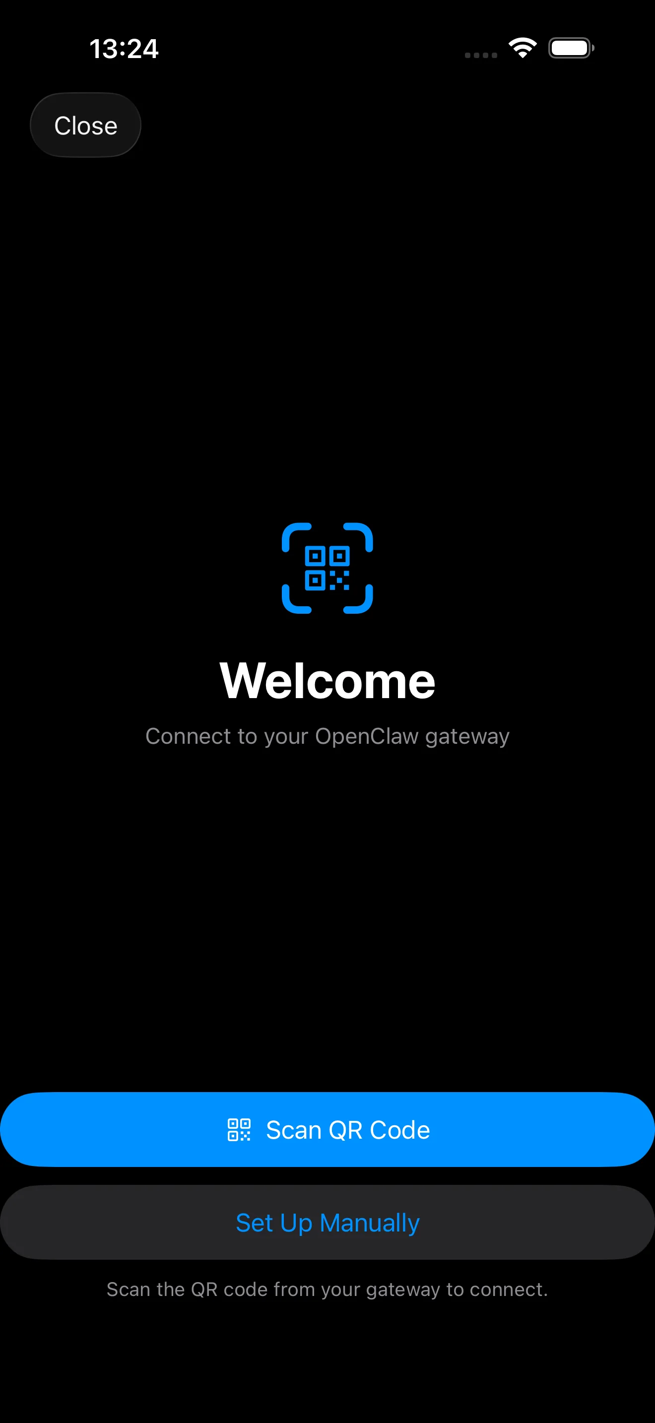 Current OpenClaw iPhone onboarding screen with QR-based gateway setup